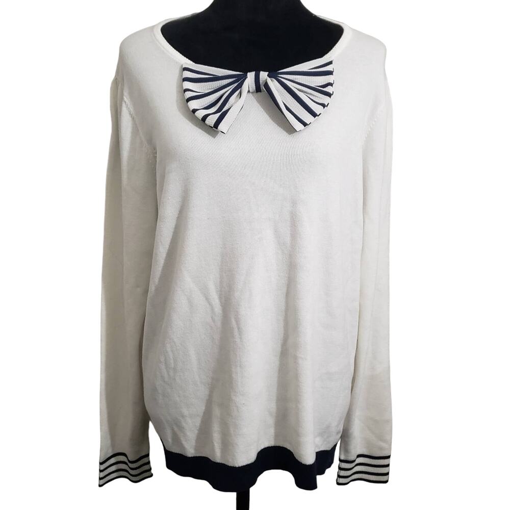 Preppy School Crown & Ivy crewneck long sleeve sweater white black bow size XL